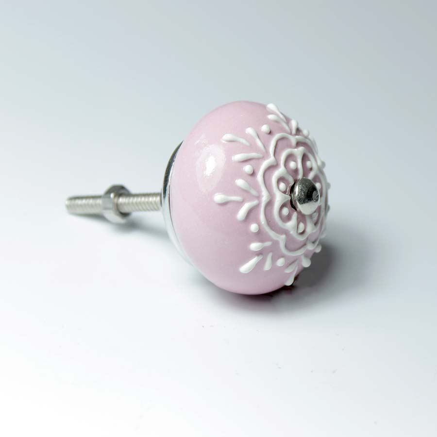 Ceramic Doorknob With White Emboss Painting - DK101 pink - Uneeka