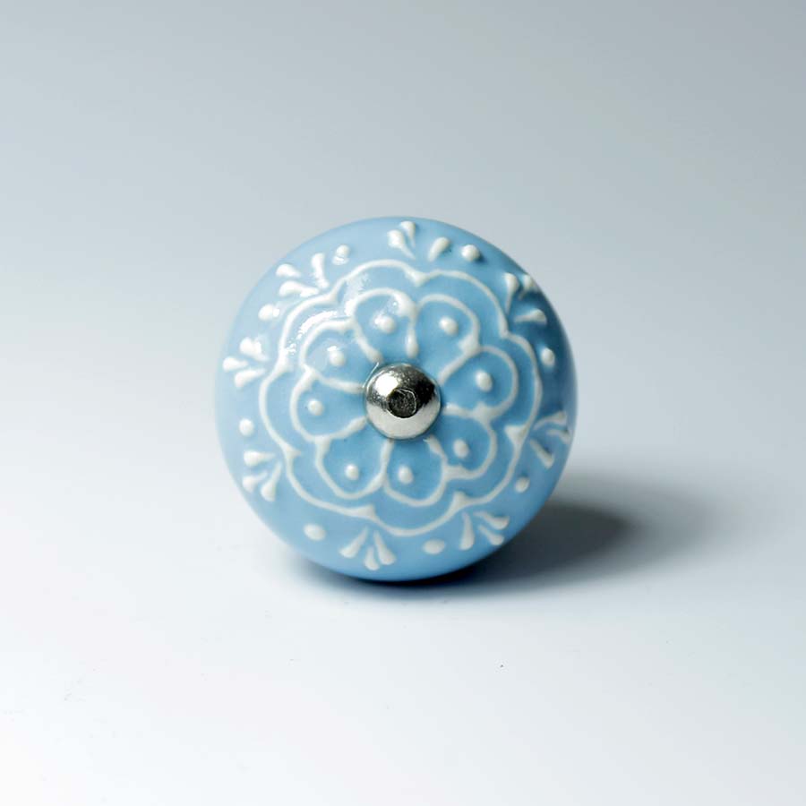 Ceramic Doorknob With White Emboss Painting - Dk101 blue - Uneeka