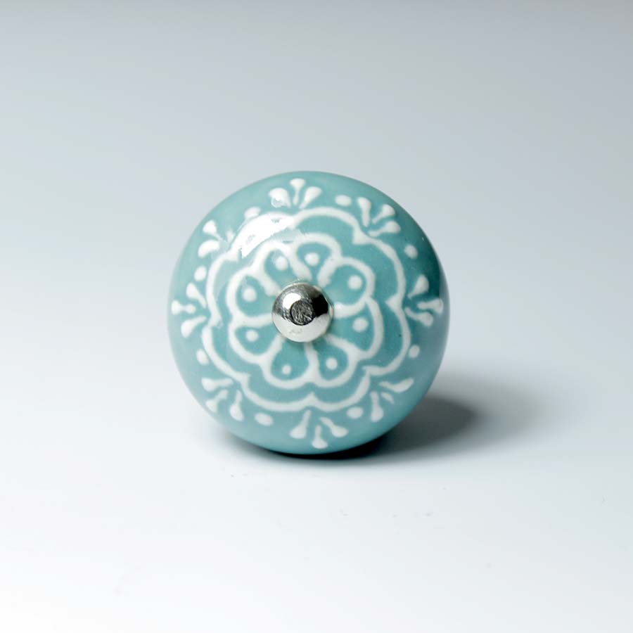 Ceramic Doorknob With White Emboss Painting - Dk101 turquoise - Uneeka