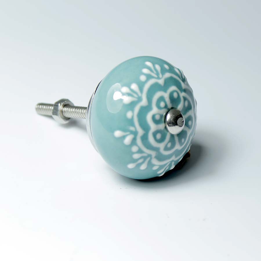 Ceramic Doorknob With White Emboss Painting - Dk101 turquoise - Uneeka