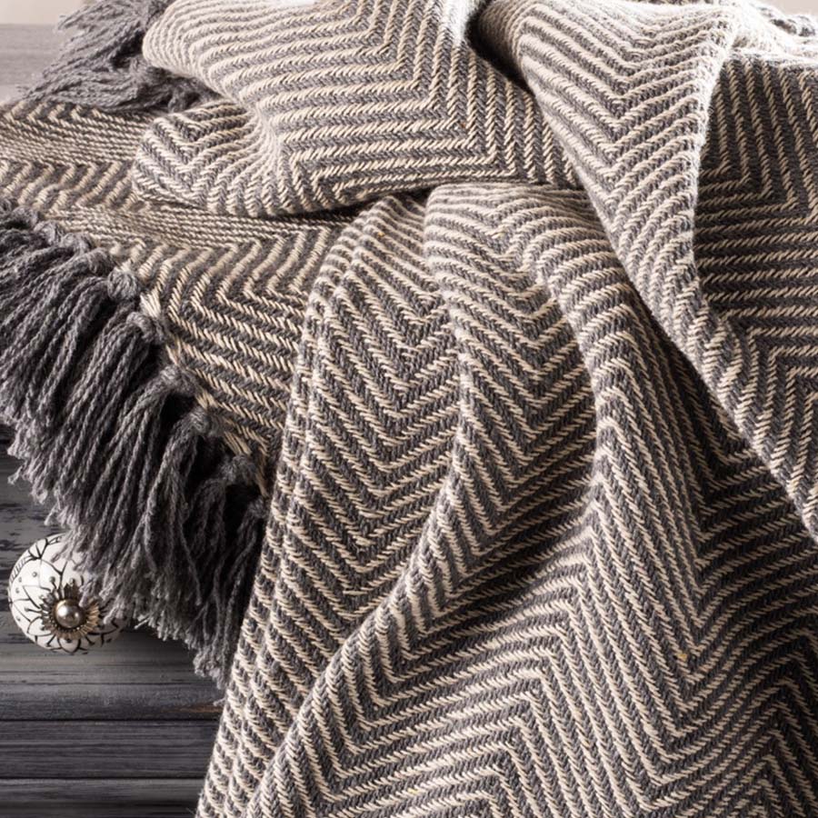 Charcoal Herringbone Handloom Throw - B7 - Uneeka