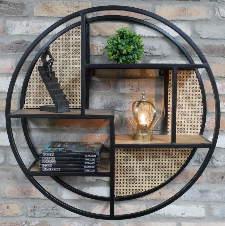 Circular Rattan & Black Steel Frame Wall Unit - 10177 - Uneeka