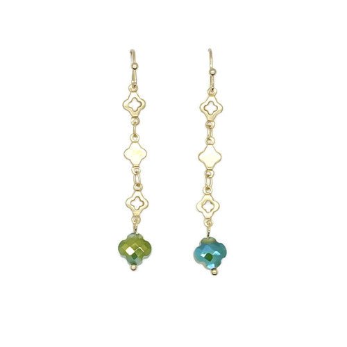 Clover Shapes with Coloured Glass Gold Drop Earrings - CE - 4844 - MGGR - Uneeka