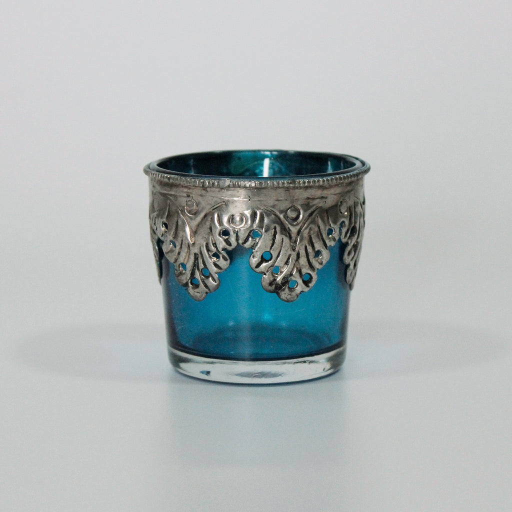 Coloured Glass Silver Trim Tealight Holder - TL204 - TURQ - Uneeka