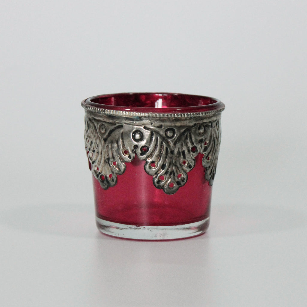 Coloured Glass Silver Trim Tealight Holder - TL204 - RED - Uneeka