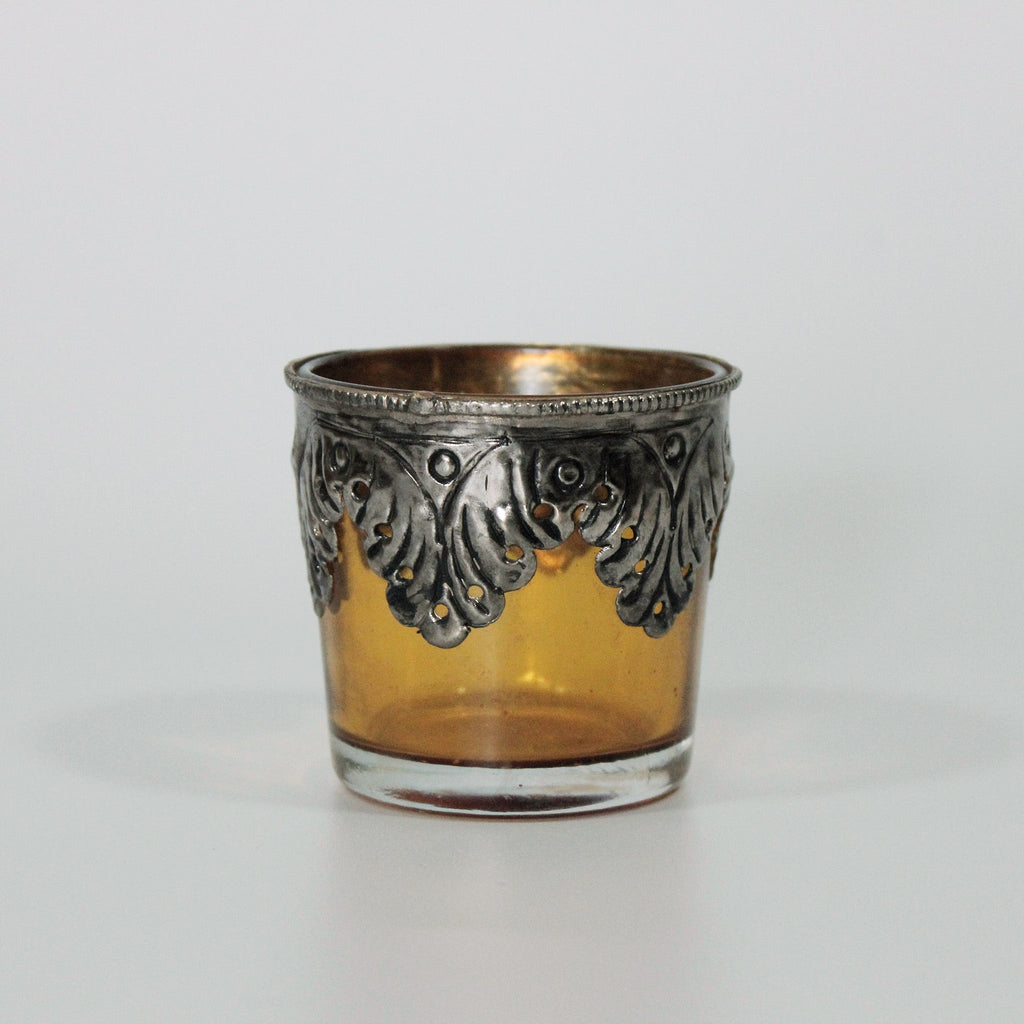 Coloured Glass Silver Trim Tealight Holder - TL204 - AMBER - Uneeka