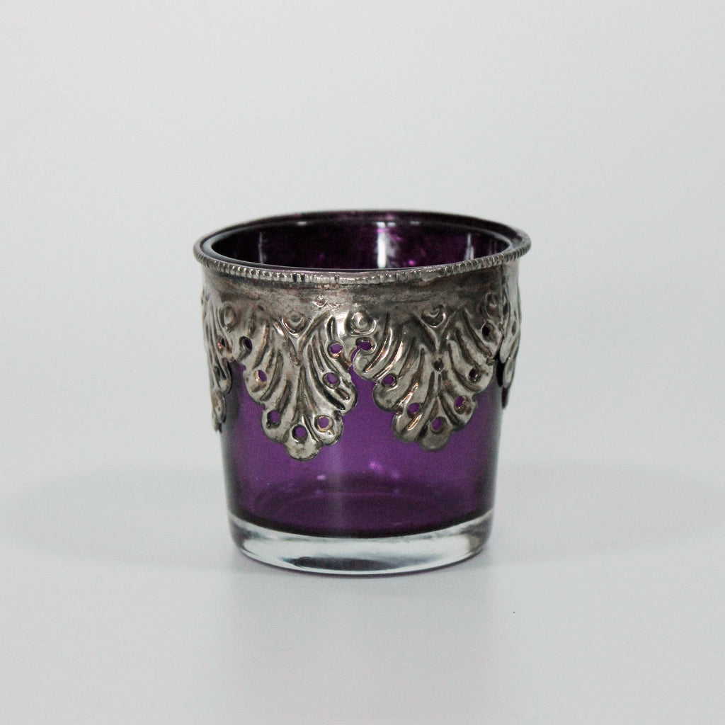 Coloured Glass Silver Trim Tealight Holder - TL204 - PURPLE - Uneeka