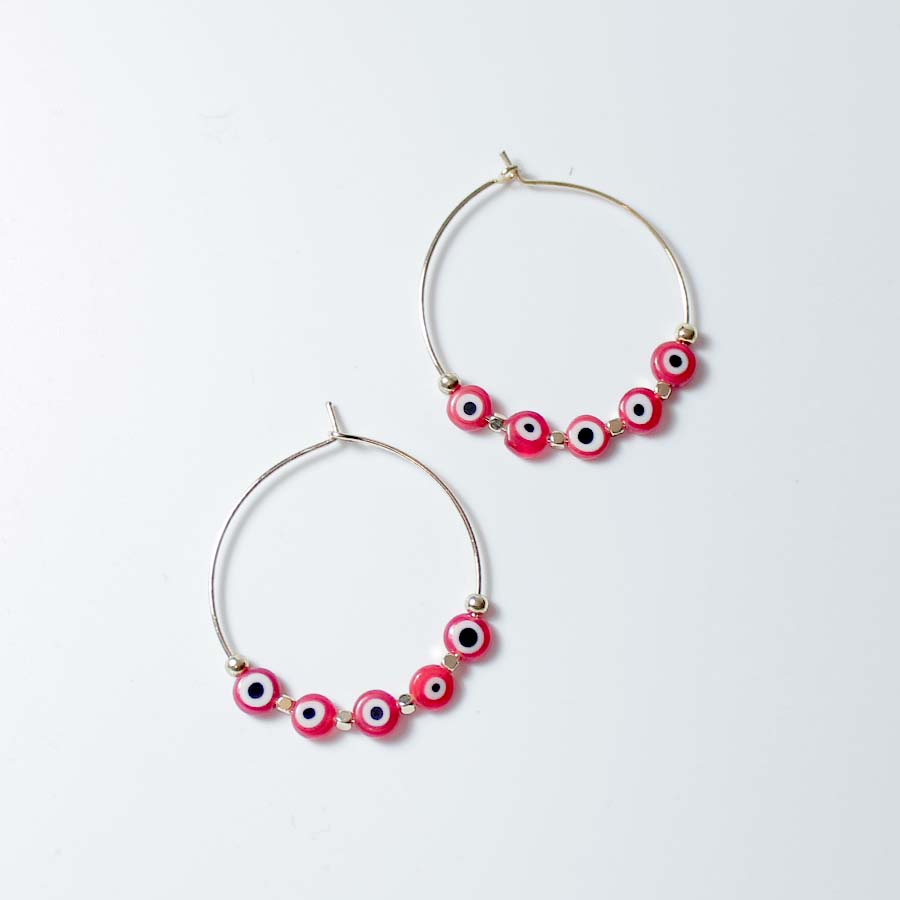 Colourful Evil Eyes Round Brass Hoop Earrings - CE - 4096 - GRD - Uneeka