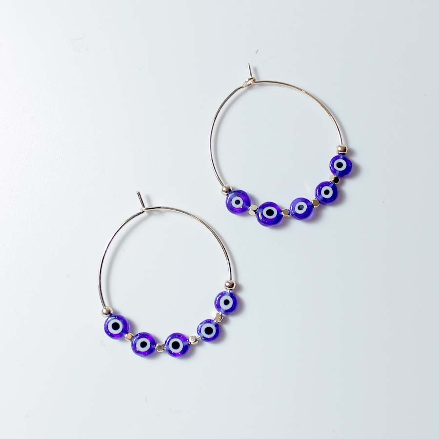 Colourful Evil Eyes Round Brass Hoop Earrings - CE - 4096 - GBL - Uneeka