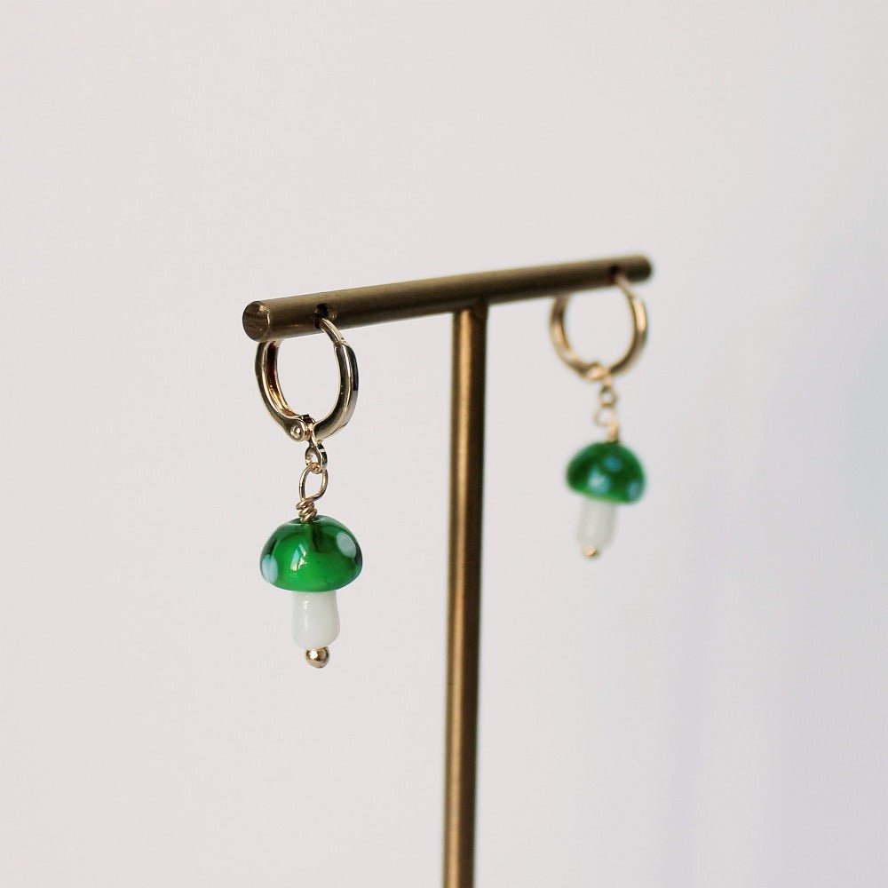 Colourful Glass Mushroom Gold Drop Earrings - CE - 2815 - GGR - Uneeka