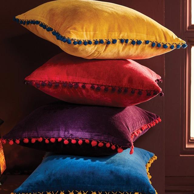 Cotton Velvet Cushion With Pom Poms - CC403 - P - Uneeka
