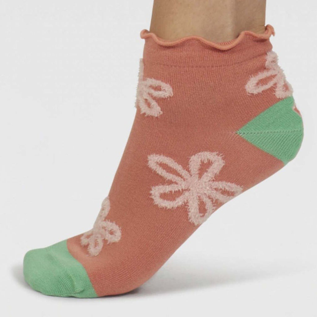 Daisy Textured Organic Cotton Ankle Socks - SPW886 - Coral Orange - Uneeka