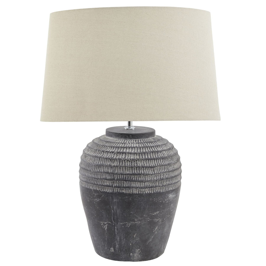 Dark Grey Carved Stone Table Lamp with Linen Shade - 22912 - Uneeka