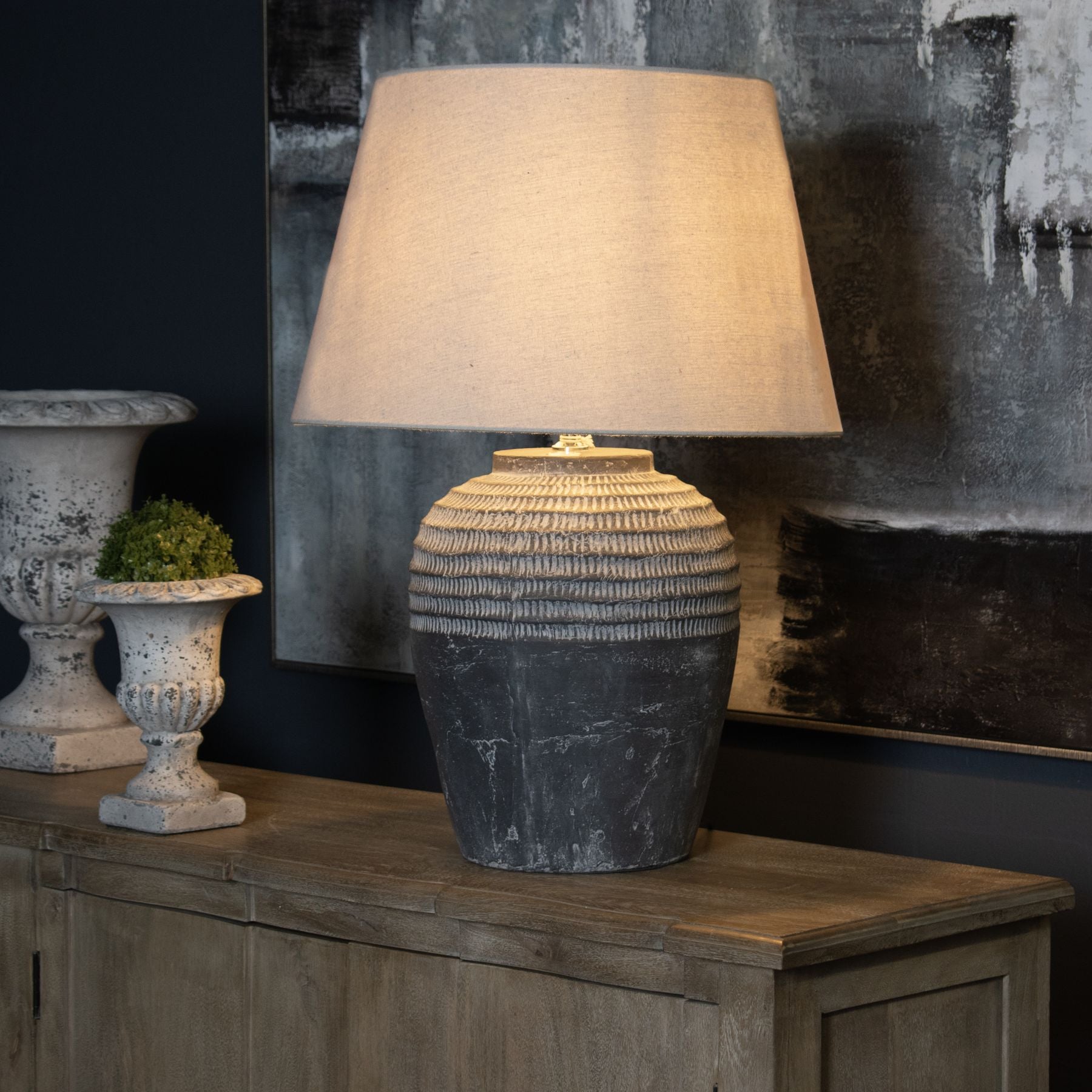 Dark Grey Carved Stone Table Lamp with Linen Shade - 22912 - Uneeka