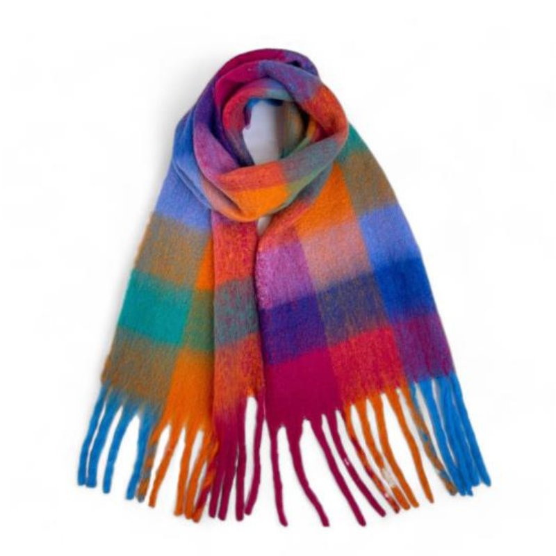 Dark Multi Colour Rainbow Check Scarf - SK5651C07 bethany multi blue - Uneeka