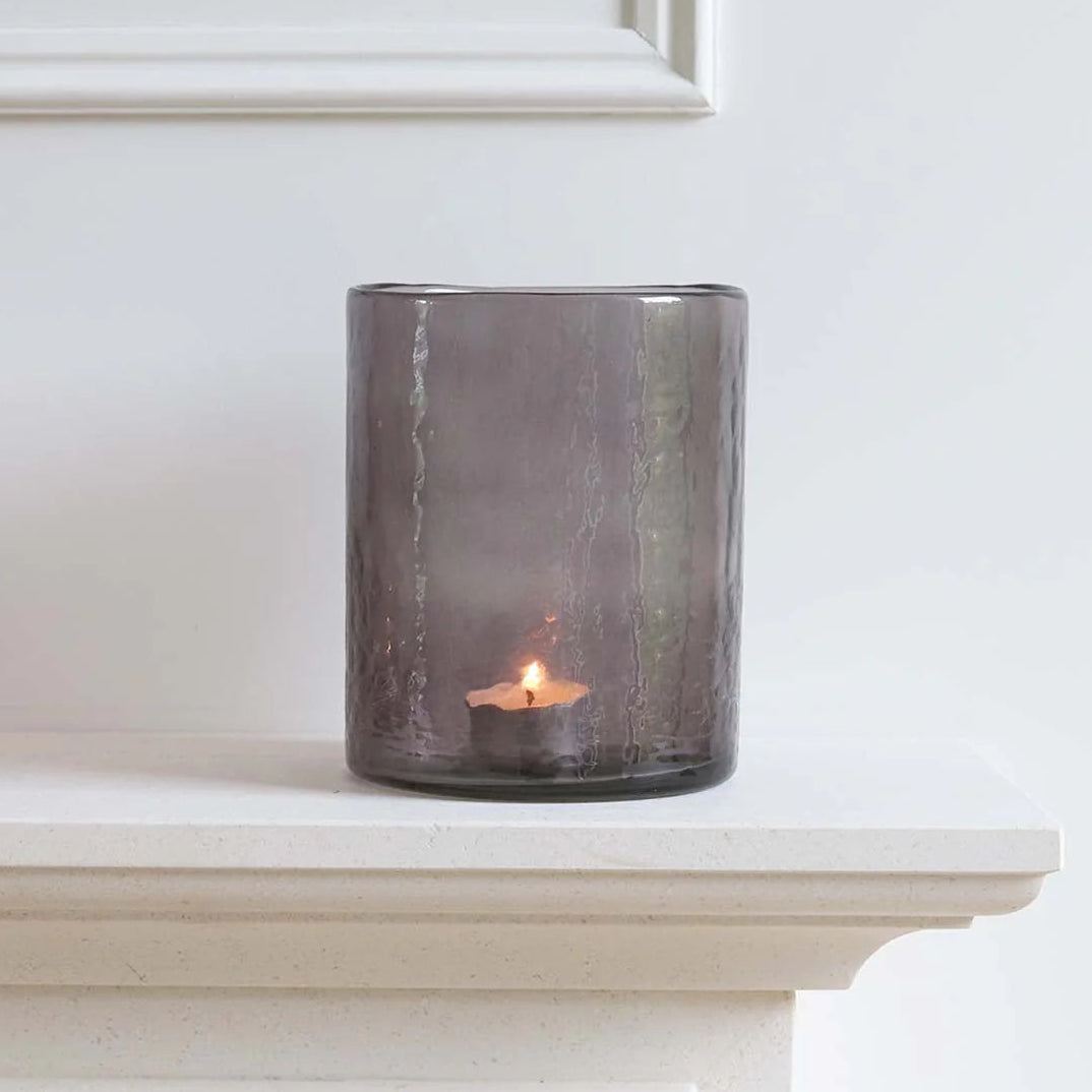 Grey Recycled Glass Candle Holder - MEDIUM GREY RECYCLED GLASS HURRICANE - Uneeka