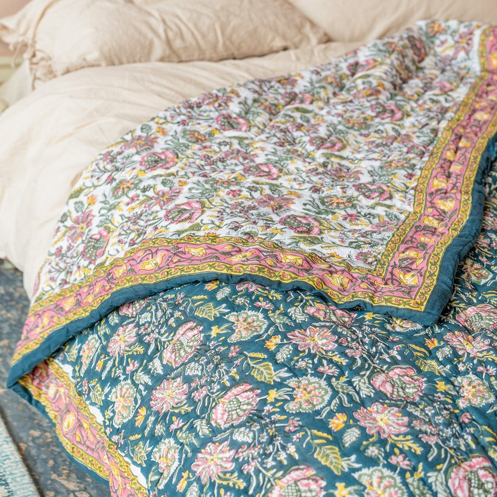 Deep Blue Floral Blockprint Reversible Double Quilt - Q136 - Uneeka