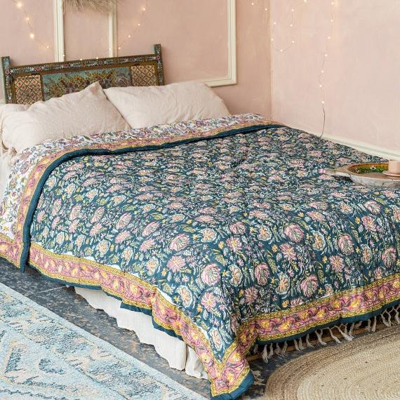 Deep Blue Floral Blockprint Reversible Double Quilt - Q136 - Uneeka