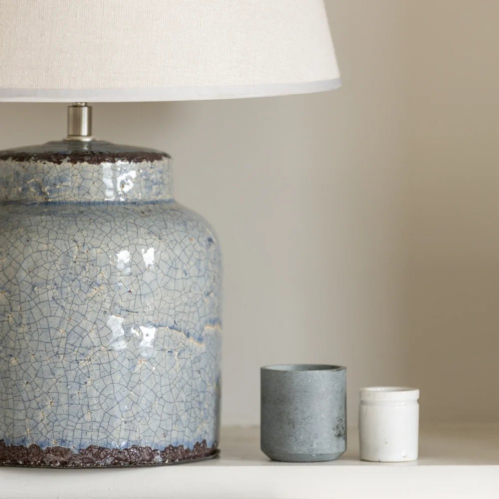 Distressed Blue Ceramic Table Lamp With Cream Linen Shade - YH872 - Uneeka