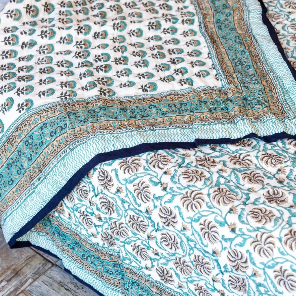 Double Block Printed Indian Quilt in Blue Tones - GP2002 Double - Uneeka