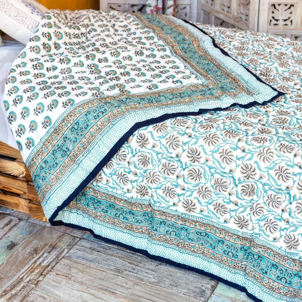 Double Block Printed Indian Quilt in Blue Tones - GP2002 Double - Uneeka