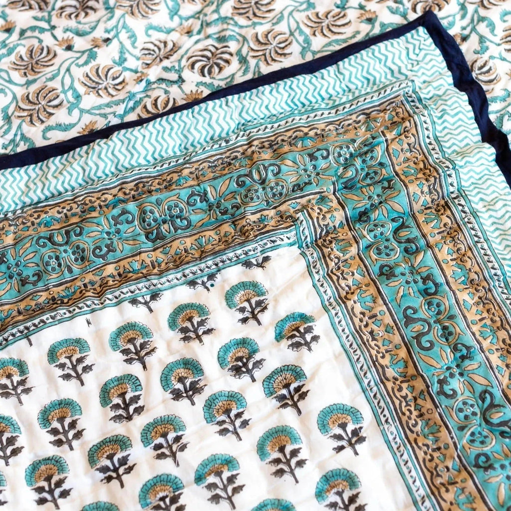 Double Block Printed Indian Quilt in Blue Tones - GP2002 Double - Uneeka