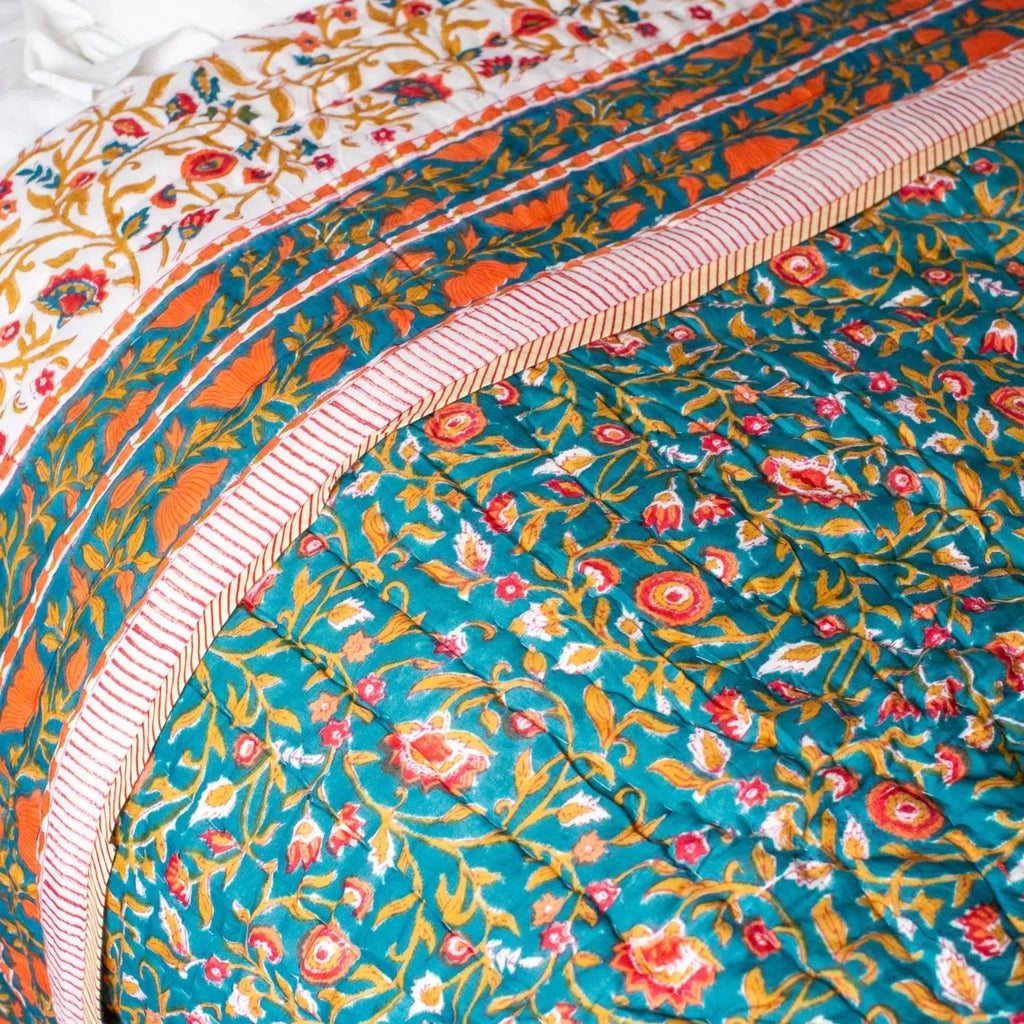 Double Block Printed Indian Quilt in Floral Teal - Uneeka