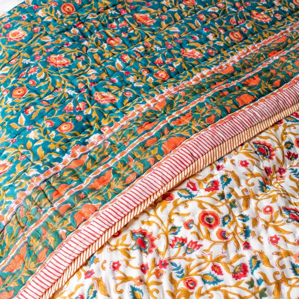 Double Block Printed Indian Quilt in Floral Teal - Uneeka