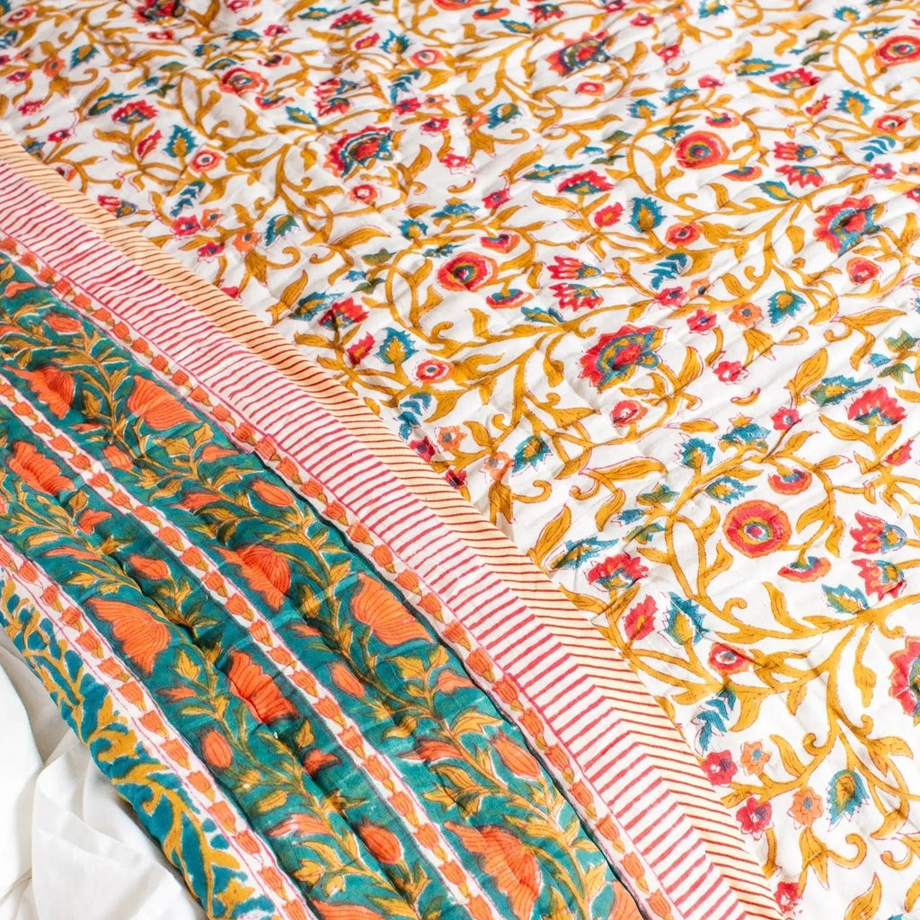 Double Block Printed Indian Quilt in Floral Teal - Uneeka