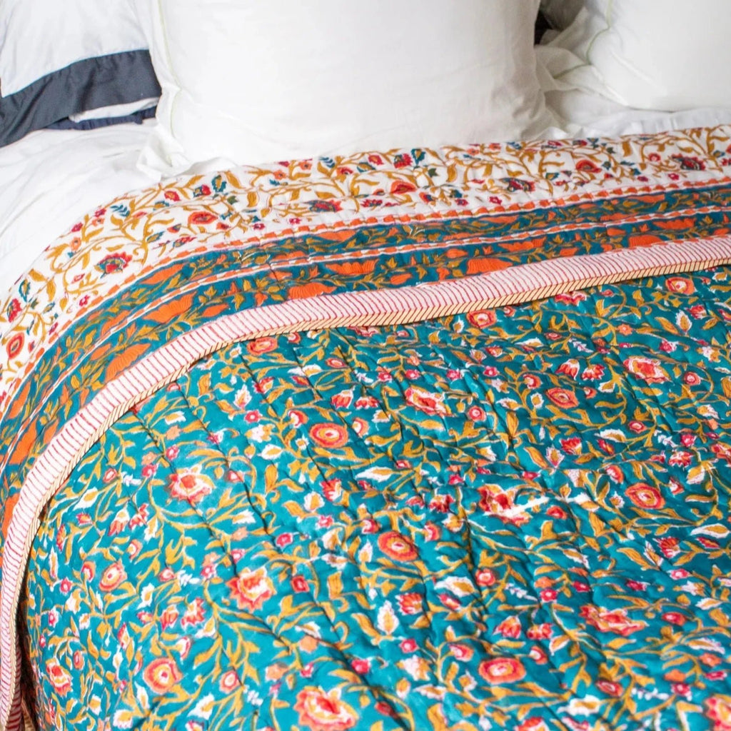 Double Block Printed Indian Quilt in Floral Teal - Uneeka