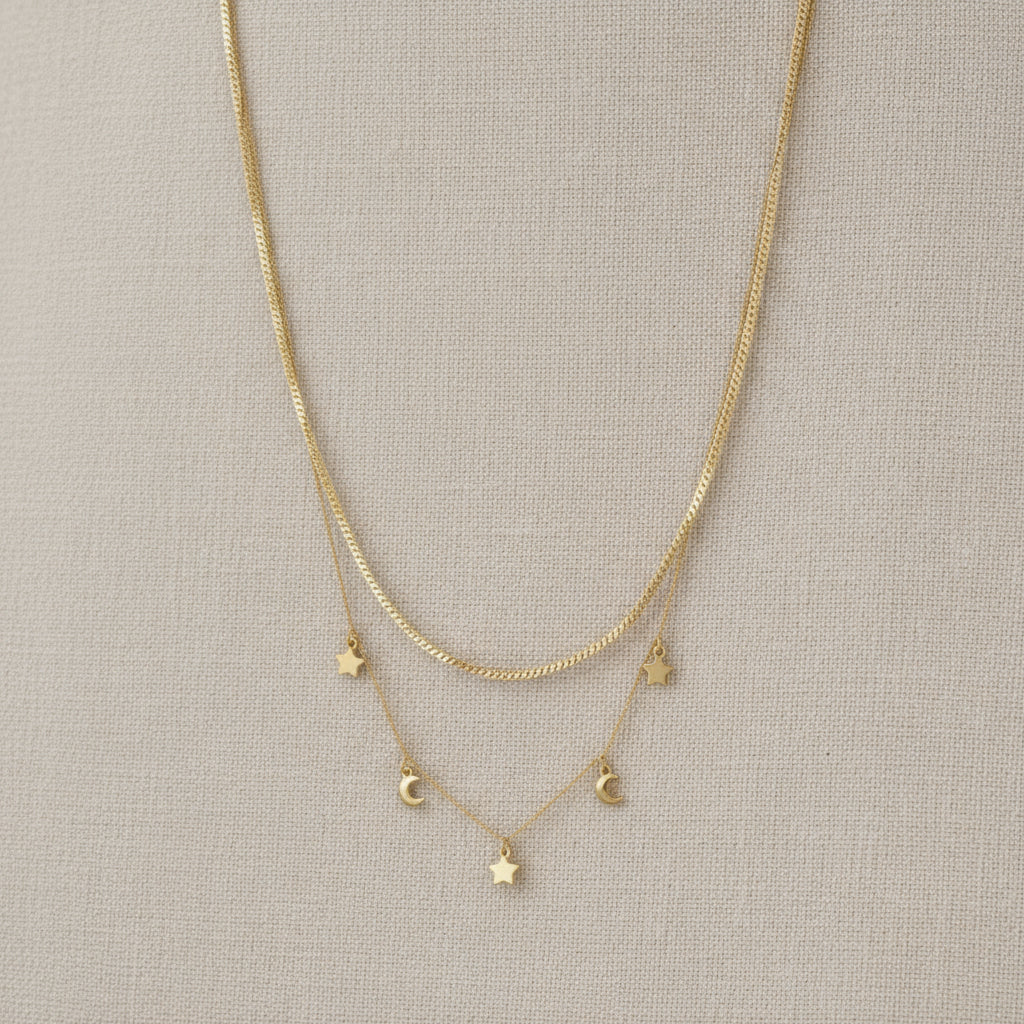 Double Layered Brushed Metal Moons & Stars Charm Necklace - CN - 2848 - GD - Uneeka