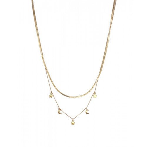 Double Layered Brushed Metal Moons & Stars Charm Necklace - CN - 2848 - GD - Uneeka