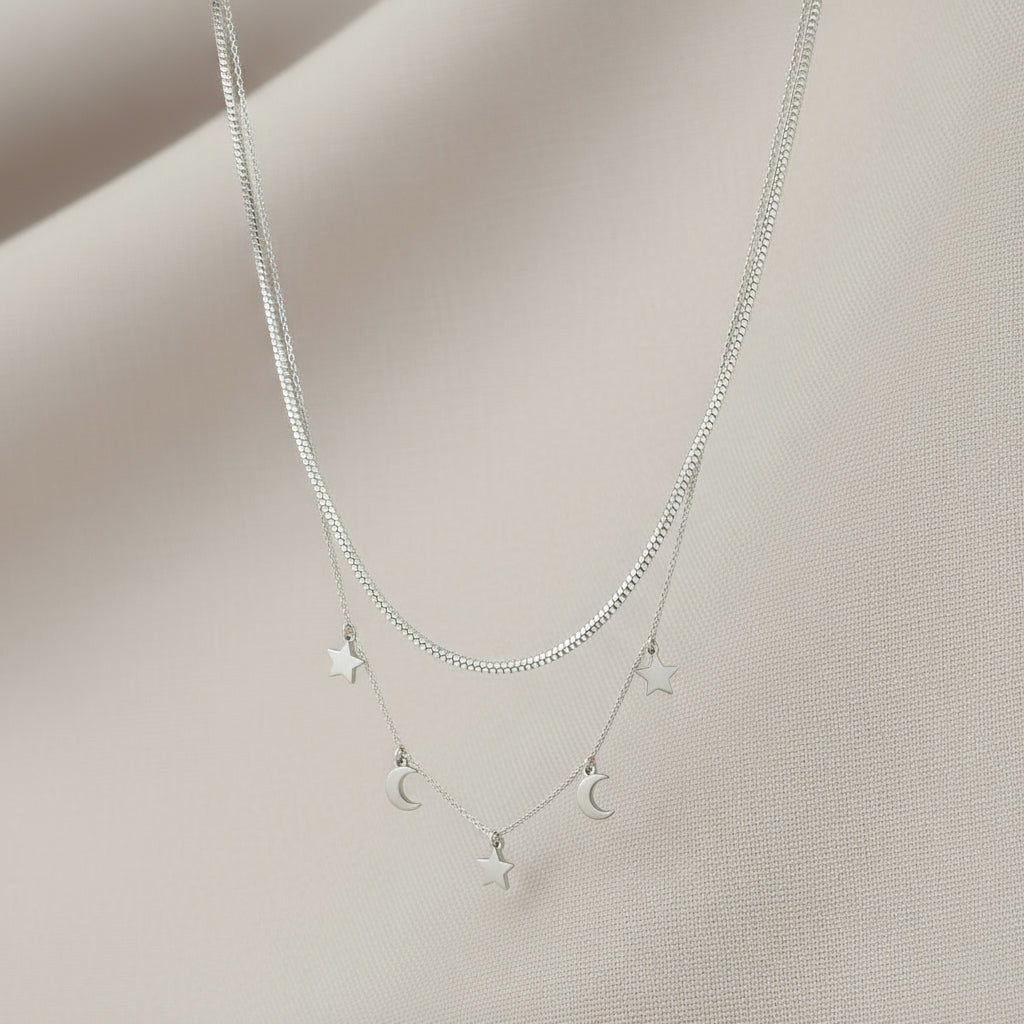 Double Layered Brushed Metal Moons & Stars Charm Necklace - CN - 2848 - SL - Uneeka