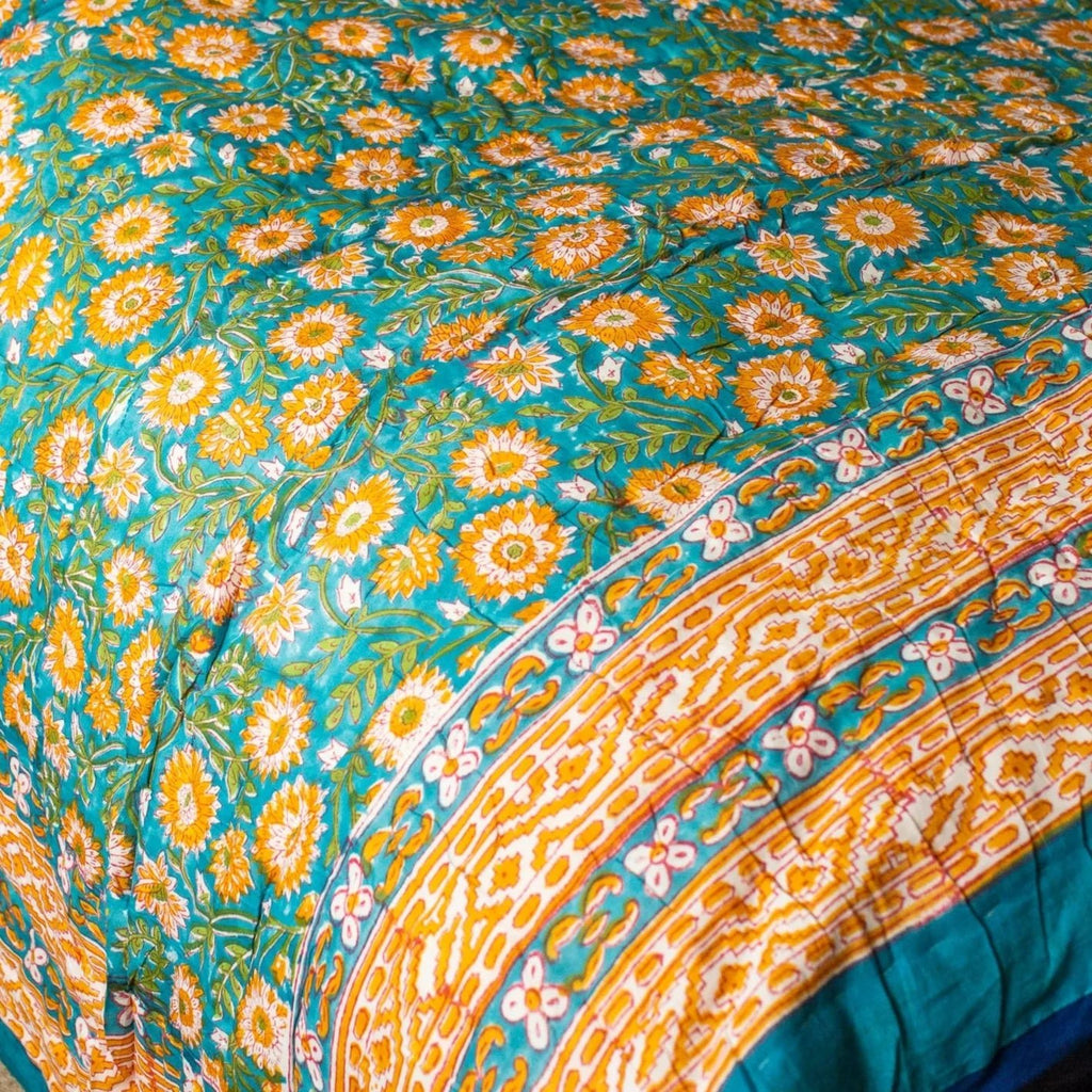 Double Orange Flower Block Printed Indian Quilt - Gat301 - Uneeka