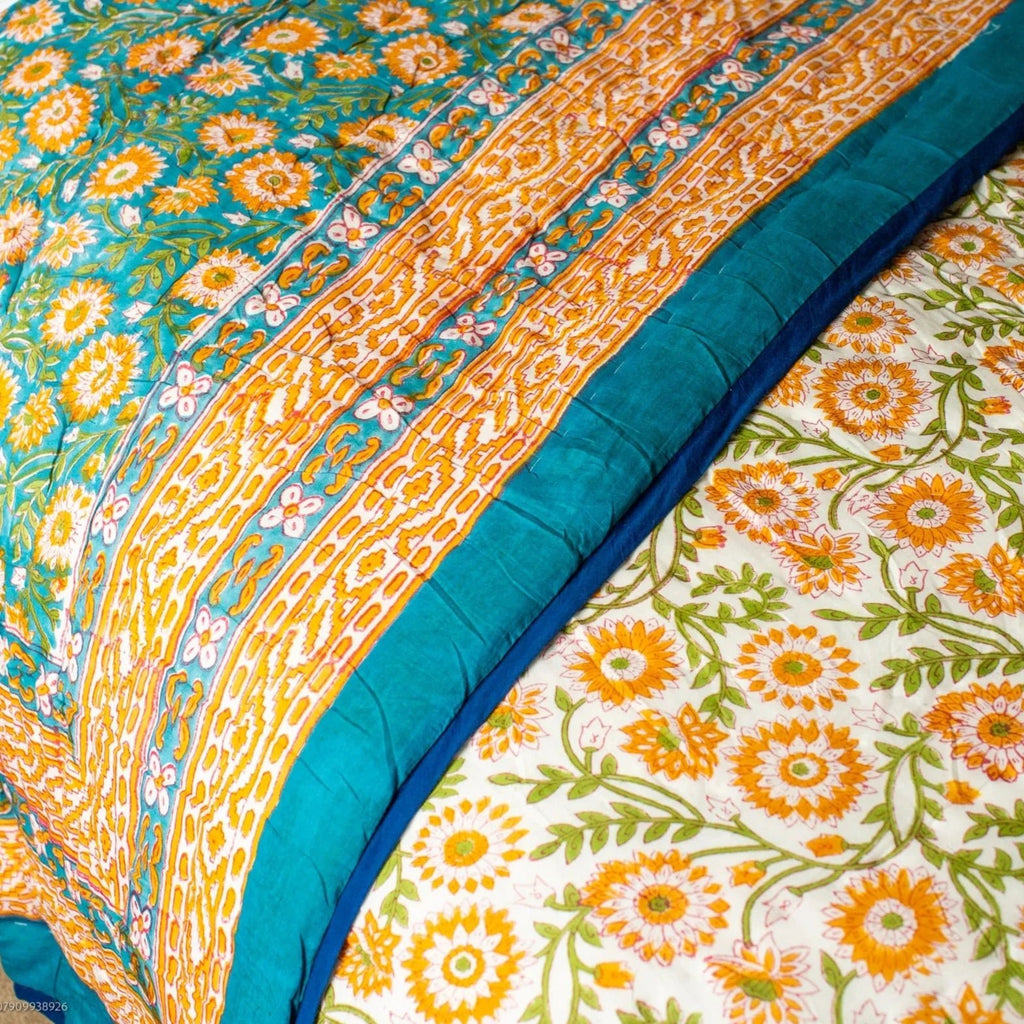 Double Orange Flower Block Printed Indian Quilt - Gat301 - Uneeka