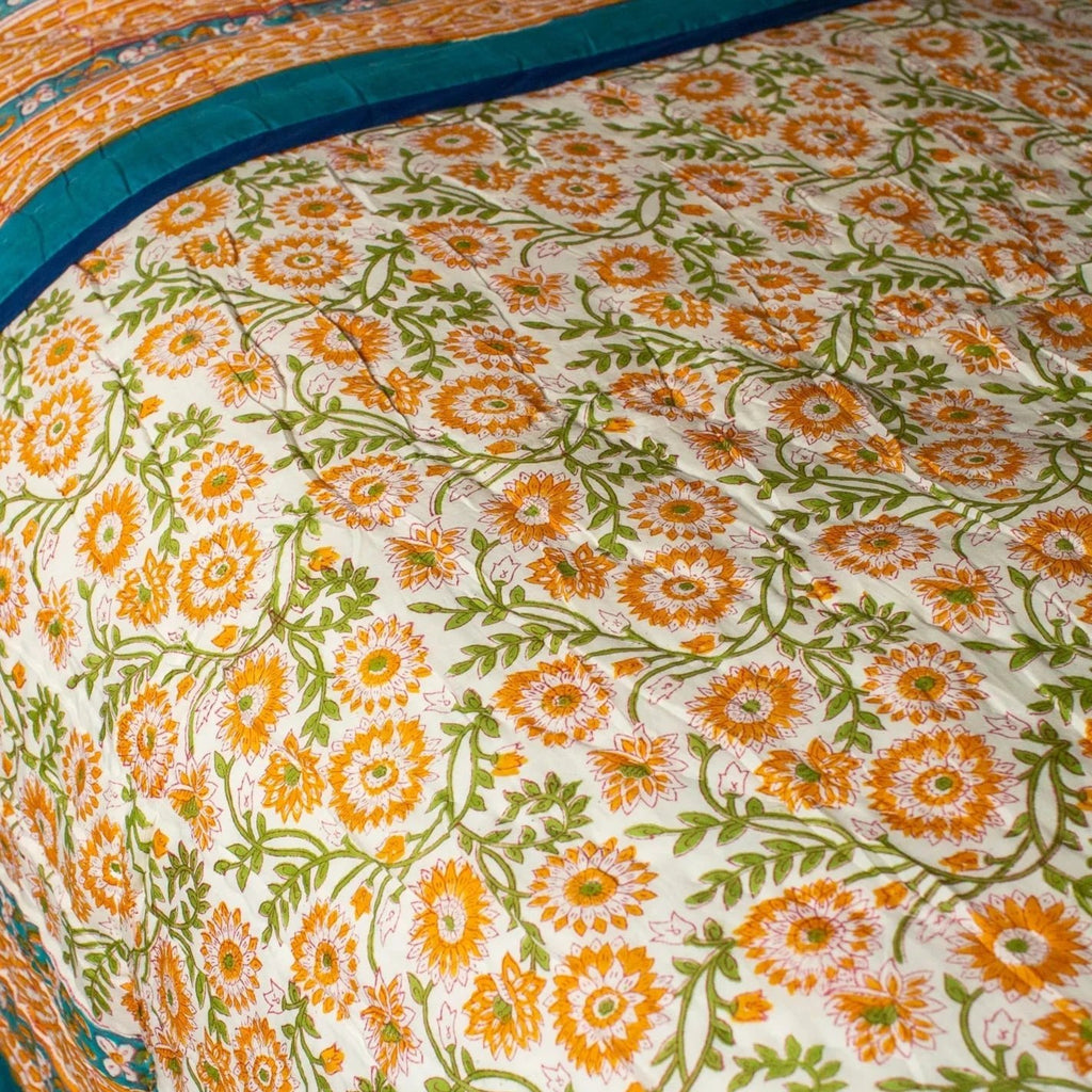 Double Orange Flower Block Printed Indian Quilt - Gat301 - Uneeka