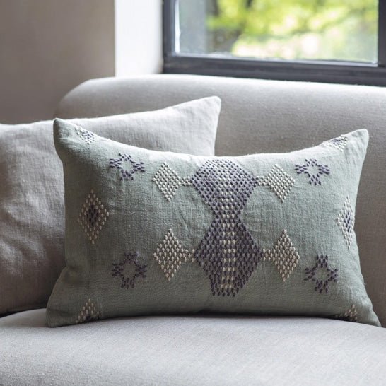 Ekta Embroidered Sage Green Linen Cushion* - EC1902 - Uneeka