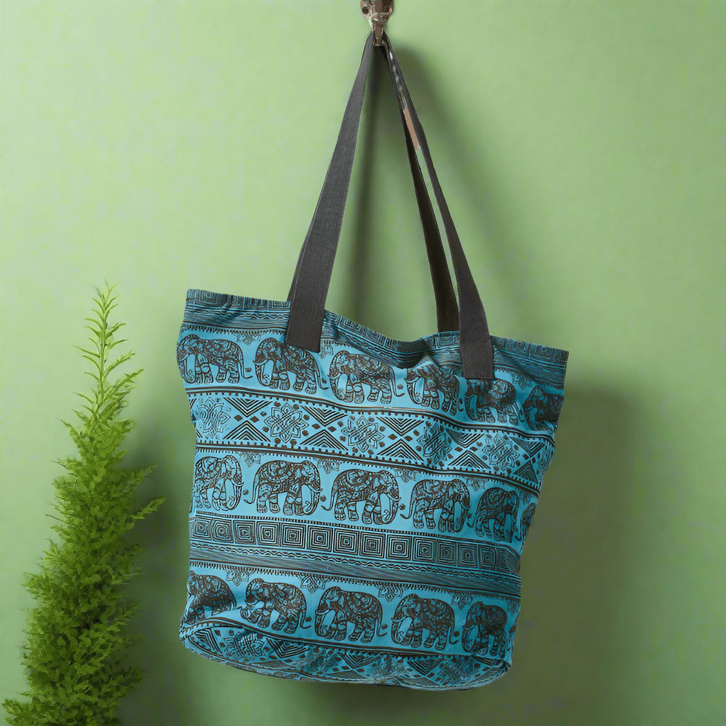 Elephant Pattern Cotton Tote Bag - SB520 - BLUE - Uneeka