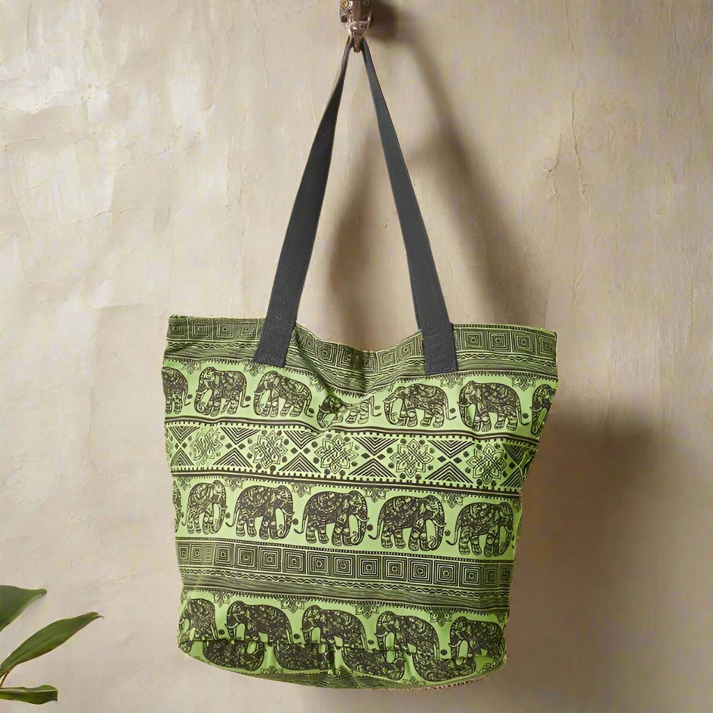 Elephant Pattern Cotton Tote Bag - SB520 - GREEN - Uneeka