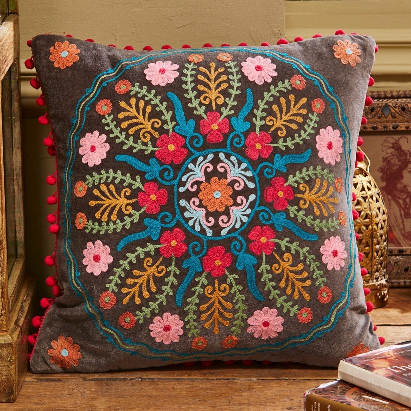 Embroidered Cotton Velvet Square Cushions - CC241 - Uneeka