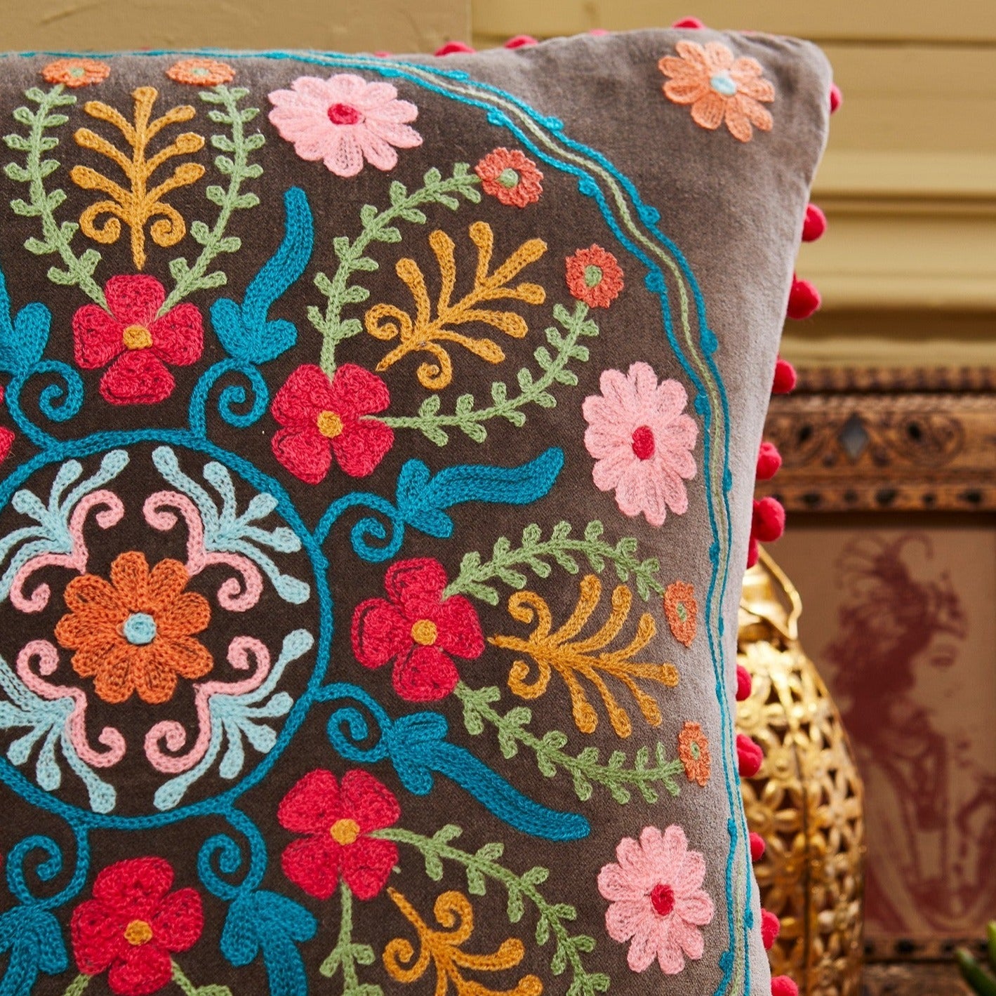 Embroidered Cotton Velvet Square Cushions - CC241 - Uneeka