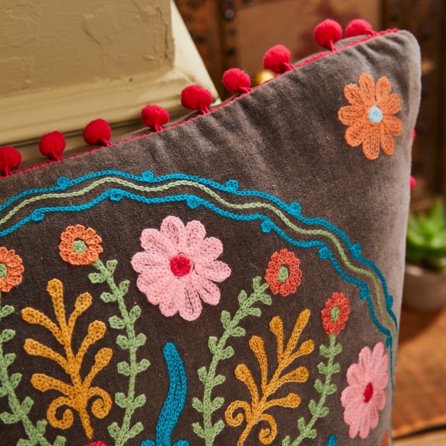 Embroidered Cotton Velvet Square Cushions - CC241 - Uneeka