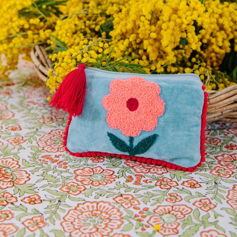 Embroidered Flower Motif Purse - Single Flower Aqua/Pink S - Uneeka