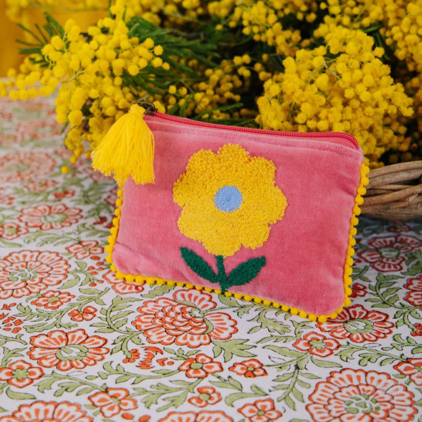 Embroidered Flower Motif Purse - Single Flower Pink/Yellow S - Uneeka