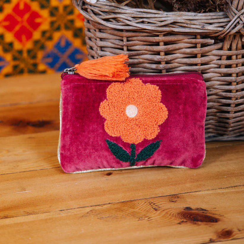 Embroidered Flower Motif Purse - Single Flower Pouch Burg S - Uneeka