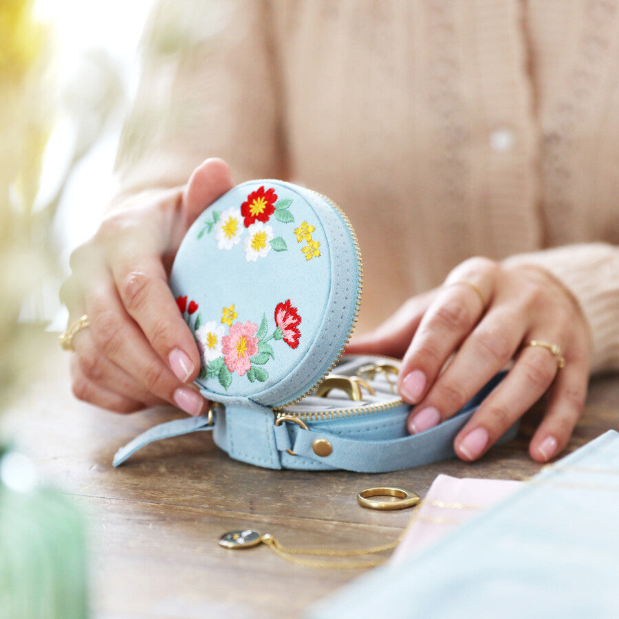 Embroidered Flowers Mini Round Velvet Jewellery Case