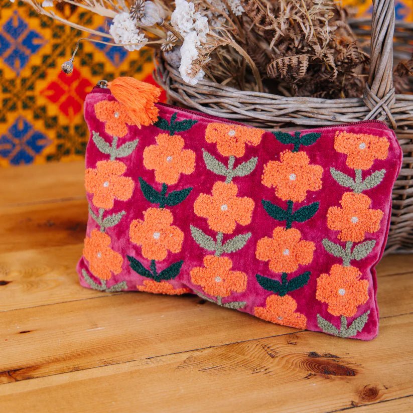 Embroidered Repeat Flower Makeup Bag - Multi Flower Pouch Burg L - Uneeka