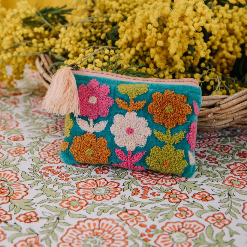 Embroidered Repeat Flower Purse - Multi Flower Pouch Aqua S - Uneeka