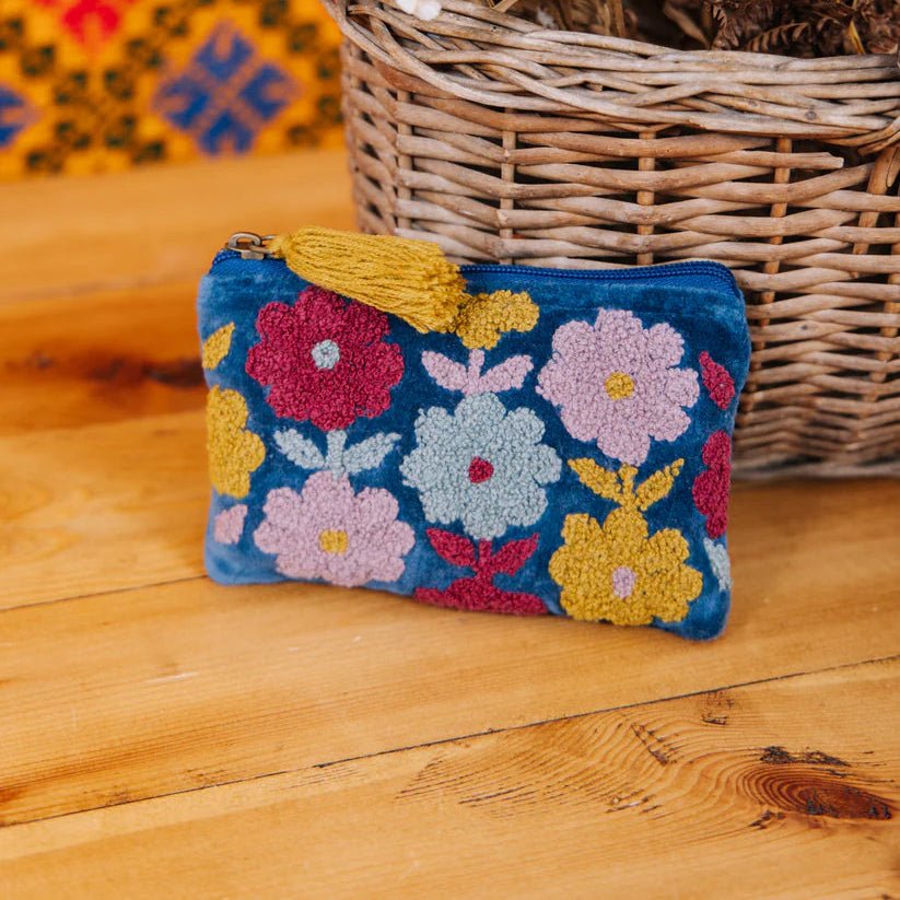 Embroidered Repeat Flower Purse - Multi Flower Pouch Navy S - Uneeka