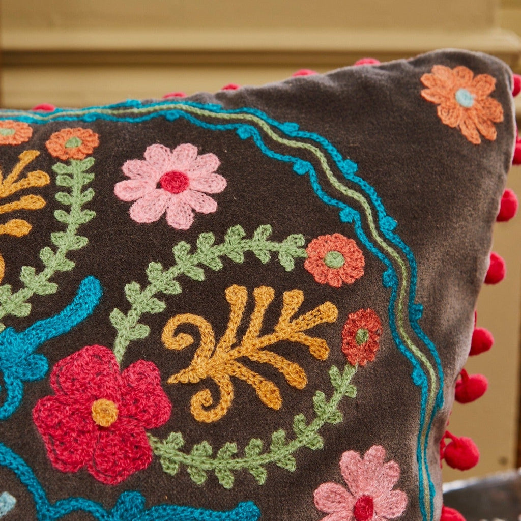 Embroidered Velvet Cushion with Pom Pom Edge - CC240 - Uneeka